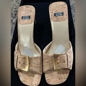 Stuart Weitzman Cork Slides with Gold Heel and Backle